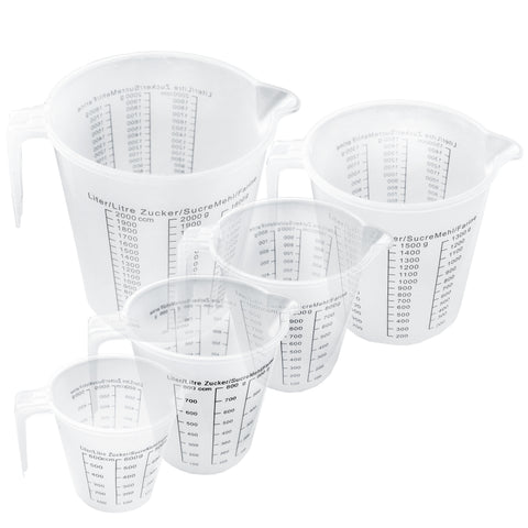Set of 5 Clear Plastic Measuring Jugs by Kurtzy - Small to Big Jug to Measure Liquid, Oil and Baking items - Accurate Litre and CCM Metrics - Large & Mini Cups Feature Angled Grip For Kitchen Purposes