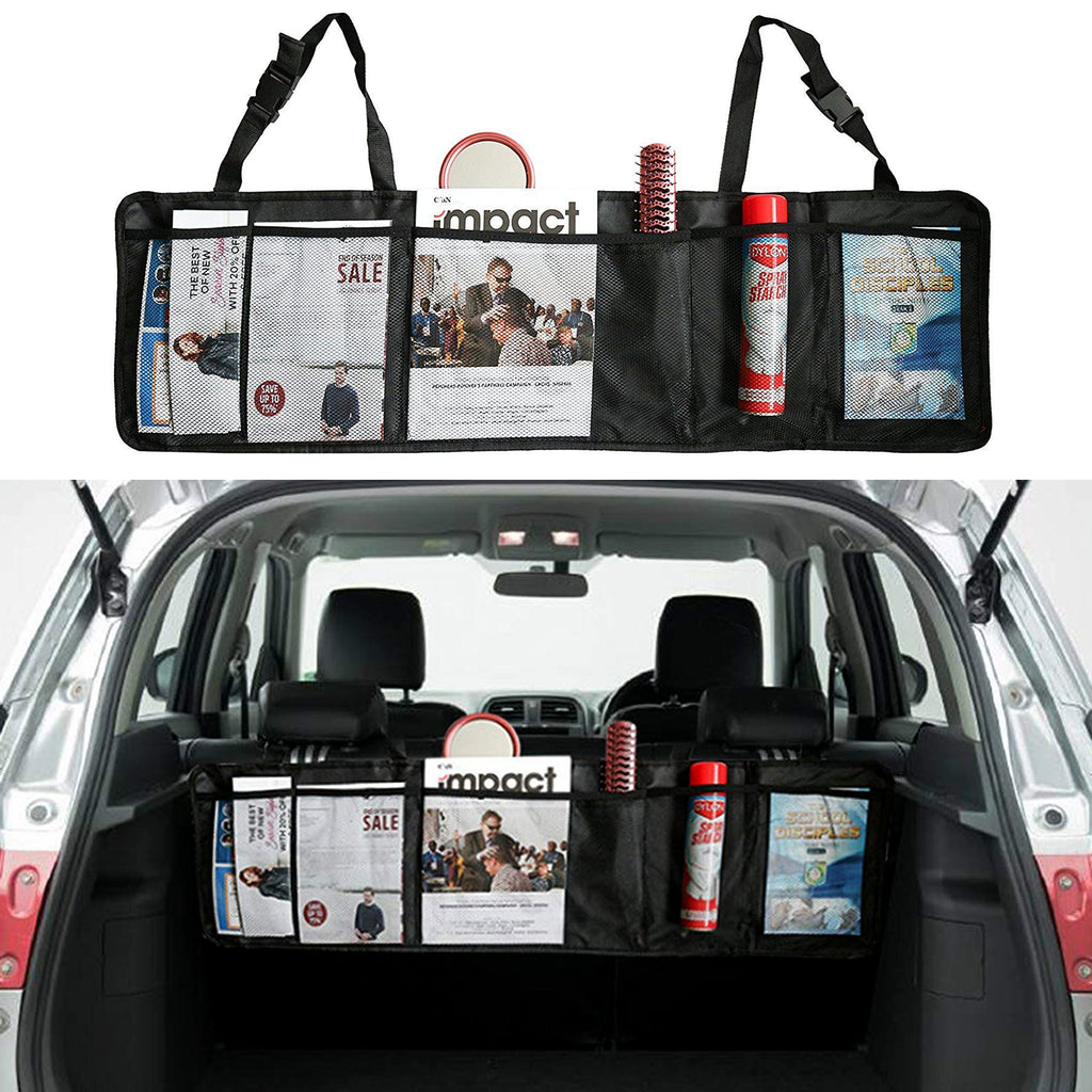 Kurtzy Car Boot Organiser, Backseat Storage, 5 Multi Mesh Pockets, Adjustable Straps, Kick mat with ipad holder, Waterproof, Durable, Foldable Cargo Bag, SUV Space Saver, Large, Black