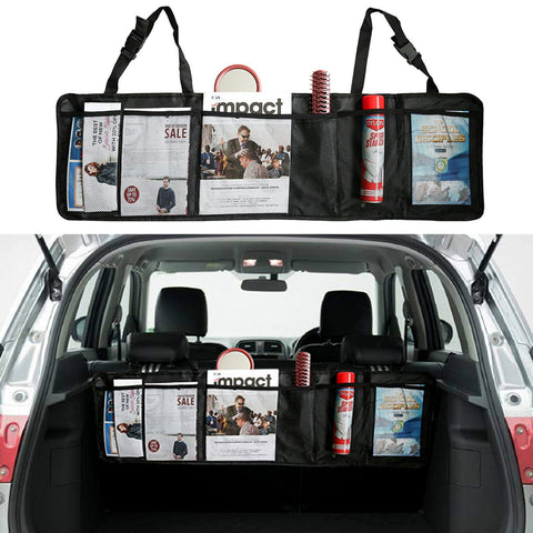 Kurtzy Car Boot Organiser, Backseat Storage, 5 Multi Mesh Pockets, Adjustable Straps, Kick mat with ipad holder, Waterproof, Durable, Foldable Cargo Bag, SUV Space Saver, Large, Black