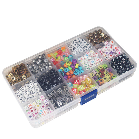 1100 Piece Assorted Alphabet Letter Bead Set in Plastic Storage Organisation Case by Kurtzy - Gold, White, Black and Multicolour Beads in Various Shapes and Sizes - Ultimate Jewellery Making Set Kit