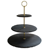 Cake Stand - 3 tier Afternoon Tea Stand, Cupcake Stand with Gold Finish Steel Handle - Natural Slate Serving Platters for Cookies, Sandwiches, Muffins, Dessert Birthday Wedding Food Photography Tool