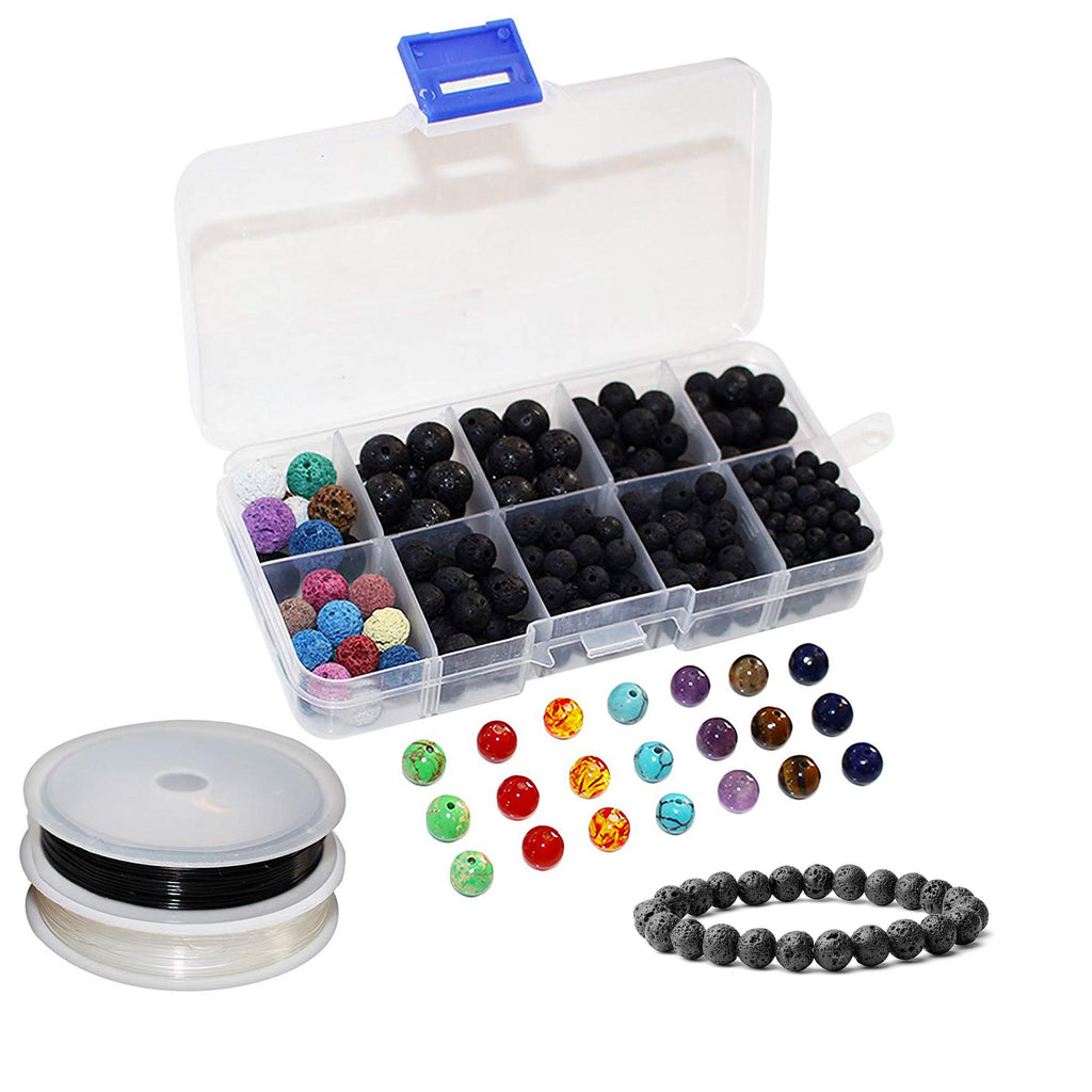 Lava Beads (325 pcs) - 7 Chakra Healing Bracelet, Pendant, Necklace, Earring Making Kit Includes 300 Essential Oil Aroma Diffuser Lava Rock Beads, 21 Gemstones, 2 Crystal Elastic Thread Rolls with Box