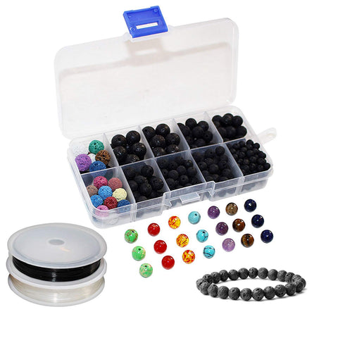 Lava Beads (325 pcs) - 7 Chakra Healing Bracelet, Pendant, Necklace, Earring Making Kit Includes 300 Essential Oil Aroma Diffuser Lava Rock Beads, 21 Gemstones, 2 Crystal Elastic Thread Rolls with Box