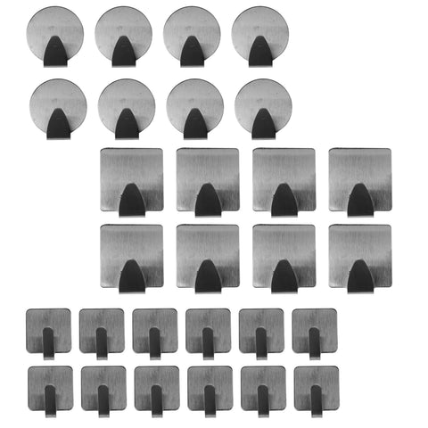 Self adhesive hooks (28 Pcs) - Stainless Steel wall hooks for Jewellery ,kitchen, bathroom, office closet-No Nail installation holds 8 LBS -Hooks Size Circle 3.5cm ,Square 4.7cm ,Smaller square 2.5cm