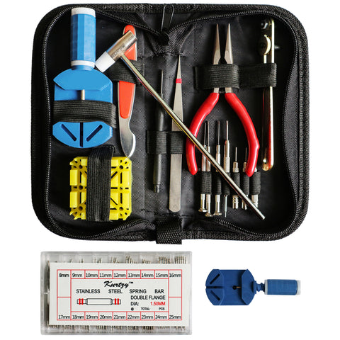 Kurtzy Watch Repair Kit - 15 Tools & 270 Stainless Steel Wrist Strap Pins with Black Carry Case - Professional Watchmaker Tools For Link Removal/Adjustment, Battery Changing, Back Case Opener