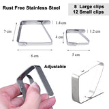 Tablecloth Clips (20 Pack) - 12 Small (4.5 cm x 4 cm), 8 Large (7 cm x 8 cm) Picnic, Outdoor, Garden Restaurant, Dinner Buffet Table Cloth Holder Stainless Steel Flexible Tight Fit Tablecover Clamps