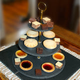 Cake Stand - 3 tier Afternoon Tea Stand, Cupcake Stand with Gold Finish Steel Handle - Natural Slate Serving Platters for Cookies, Sandwiches, Muffins, Dessert Birthday Wedding Food Photography Tool