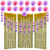 Metallic Tinsel Curtains / Fringe Shimmer Curtain 24 Pcs By Belle Vous - Birthday Decorating Banner Kit With 17 Pom Poms , 4 Banner Stars , 3 Tinsel Gold Curtains - Tassel Foil Backdrop for Birthday, Wedding Party Decorations