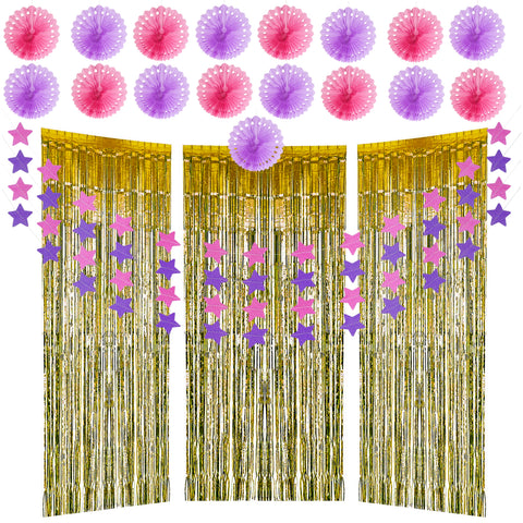 Metallic Tinsel Curtains / Fringe Shimmer Curtain 24 Pcs By Belle Vous - Birthday Decorating Banner Kit With 17 Pom Poms , 4 Banner Stars , 3 Tinsel Gold Curtains - Tassel Foil Backdrop for Birthday, Wedding Party Decorations
