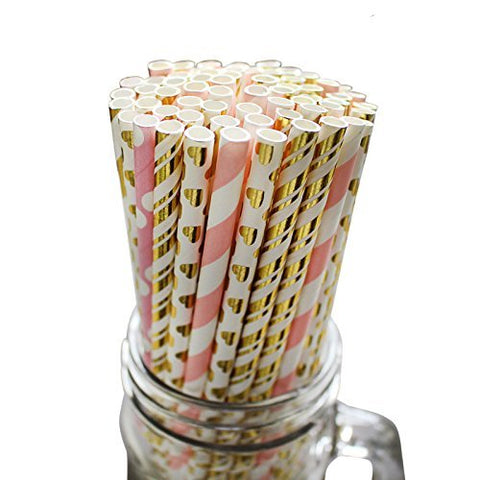 100 Piece Paper Party Drinking Decorative Straws by Belle Vous - Baby Pink, White and Gold Designs for Wedding, Baby Shower, BBQ, Thanksgiving, Christmas, Birthday and Engagement Parties