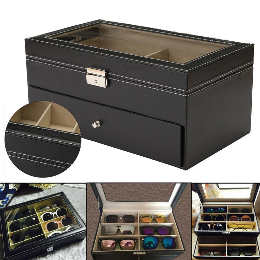 Sunglasses Display Case - 12 Compartments of Eyeglass Organizer Box with Large Leather Storage for Presentation with Lock and Key - Ideal for Eye Wears, Jewelry, Key-Chains