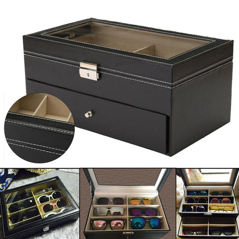 Sunglasses Display Case - 12 Compartments of Eyeglass Organizer Box with Large Leather Storage for Presentation with Lock and Key - Ideal for Eye Wears, Jewelry, Key-Chains