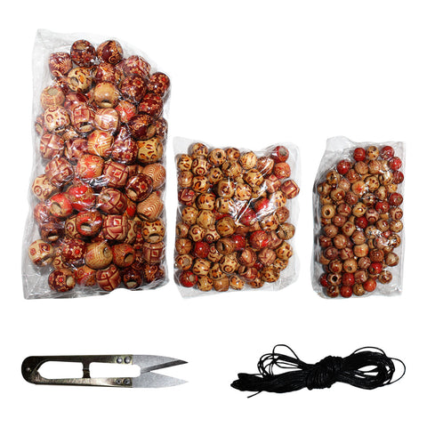 Kurtzy 300pcs Assorted Wooden Beads Jewellery Making Craft  Beads - Drum Wood Beads for Braid - 4mm Natural Bead Kit for Craft, Necklaces, Bracelets,Rosary and More- Painted Wooden Beads with Scissor Snips and Bundle of  Nylon Cord