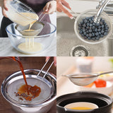 Food Strainer Set 4 Pcs - Stainless Steel Fine Mesh Kitchen Sieve, Colanders and Sifters Set with Long Grip Handles for Pasta, Rice, Flour, Sugar & Tea