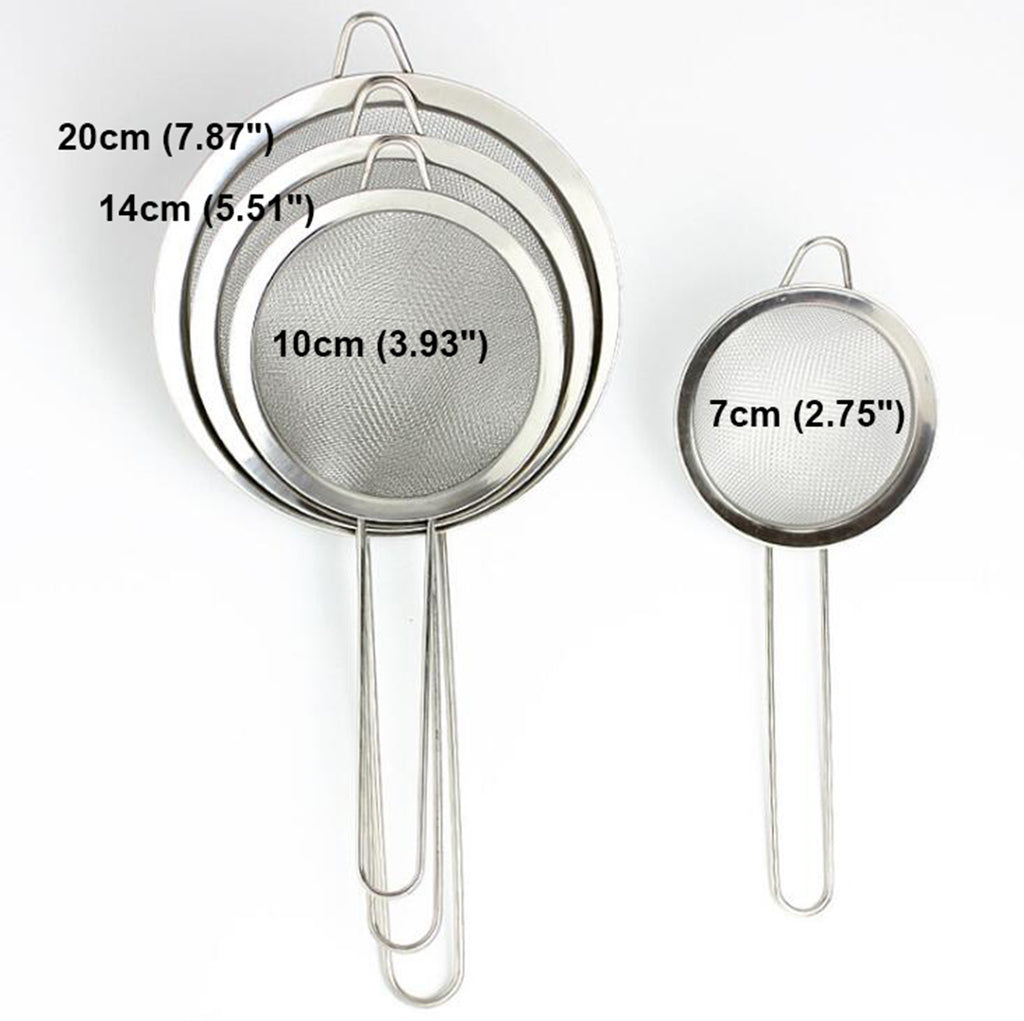 Food Strainer Set 4 Pcs - Stainless Steel Fine Mesh Kitchen Sieve, Colanders and Sifters Set with Long Grip Handles for Pasta, Rice, Flour, Sugar & Tea
