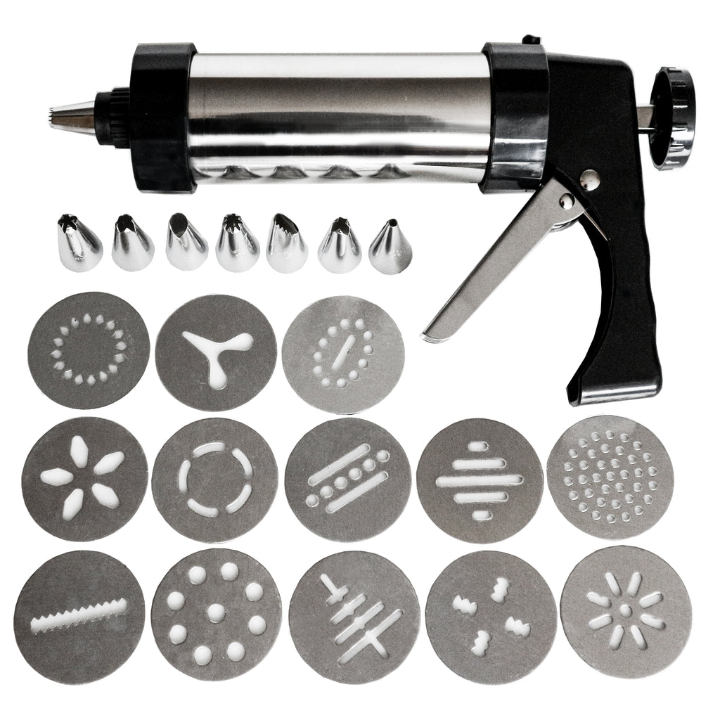 Kurtzy 22 Piece Stainless Steel Cookie / Biscuit Press and Icing Gun Set by - Large Cake Decorating Machine Ultra Set with Icing Sugar Piping Tips - Pro Kit Round Shaped Discs Cutters