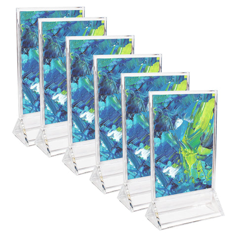 Perspex Display Stands (6 Pcs ) - Double Sided Clear A6 Portrait Counter Top Vertical Poster Presentation Stands, Upright Plastic Desk Sign Holder, Poster Holder ,Menu holder, Photo holder with Flat Base-  Size 19cm (7.48") H & 11cm (4.33") W