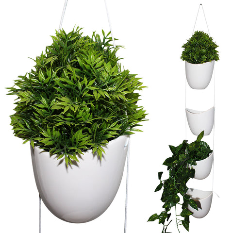 Kurtzy 4 pcs Wall Hanging Planter - Air Plant Holder with White Rope - Indoor & Outdoor Ceramic Planter - Flower Pot Vase - White Plant Pot for Succulent Plants, Mini Cactus, Faux Plants and more