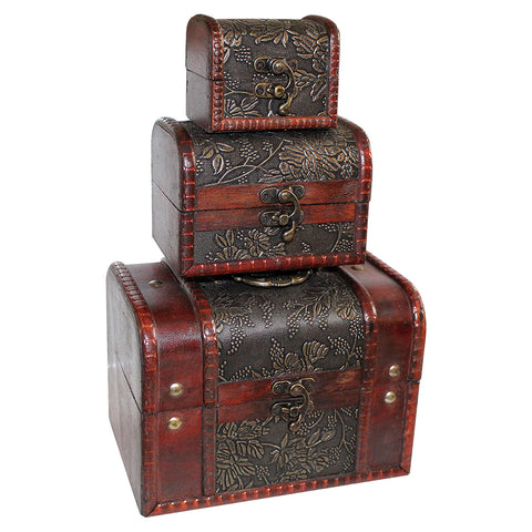 Wooden Jewelery Box - Set of 3 Wooden Vintage Jewellery storage box, Treasure chest, Make up organizer, wood box case, Gift Box Accessories - Ring, Necklace and Bracelet
