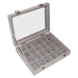 Kurtzy Grey Jewelry Ring Display Box - 24 Sections Velvet Compartment Glass Lid Rings Tray Pendant Earring Cufflinks Jewellery Ring Holder Storage Organiser - Large
