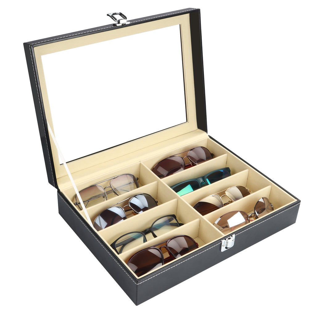 Kurtzy Lockable Sunglasses Display Organiser Box - 1 Tier and 8 Compartments for 8 Glasses with Lock - 8 Slots for Sunglasses, Eyeglasses and Spectacles - Black Sunglasses Case