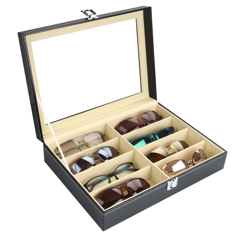 Kurtzy Lockable Sunglasses Display Organiser Box - 1 Tier and 8 Compartments for 8 Glasses with Lock - 8 Slots for Sunglasses, Eyeglasses and Spectacles - Black Sunglasses Case
