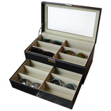 Sunglasses Display Case - 12 Compartments of Eyeglass Organizer Box with Large Leather Storage for Presentation with Lock and Key - Ideal for Eye Wears, Jewelry, Key-Chains