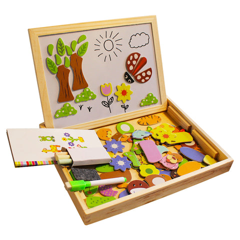 Kurtzy Jigsaw Puzzles - 110 Pieces of Wooden Magnetic Board Puzzles - Double Sided Drawing Easel Chalkboard for Kids - Farm Pattern Educational Toys include Board, Chalks, Pen, Eraser With Storage Box
