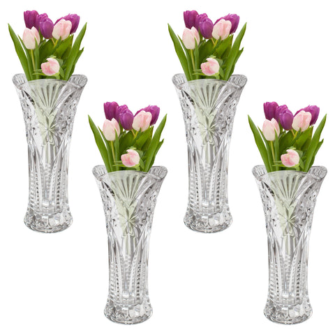 Kurtzy Pack of 4 Mini Embossed Crystal Clear Glassware Vases for Wedding Centerpiece Decoration, Flower Vases for Living Room, Event Party Decoration - Wedding Gift and Home Decor