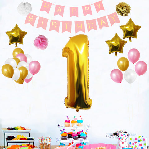 Happy Birthday Banner Set: Gold, White & Pink