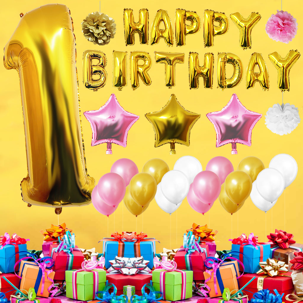 Birthday Balloon Banner Set: Gold, White & Pink